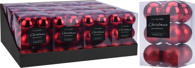 Mondex - Set van 12 kerstballen rood 6 cm - mat/glitter/blinkend