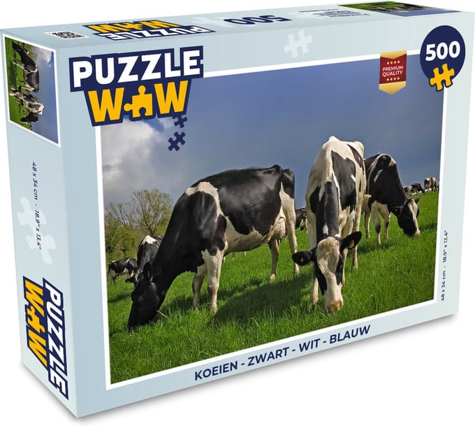 Puzzel Koeien - Zwart - Wit - Blauw - Legpuzzel - Puzzel 500 stukjes