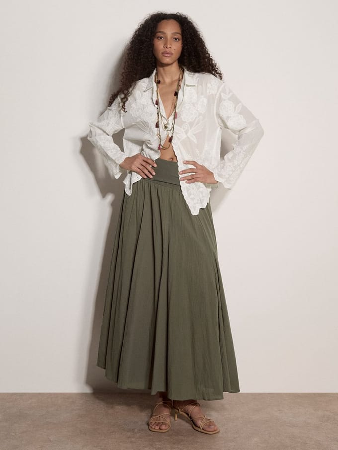 Katoenen midi-rok met jersey tailleband