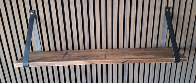 Hoexs - Mango Hout 80 cm - Leren Plankdragers Zwart - Vintage Wandplank