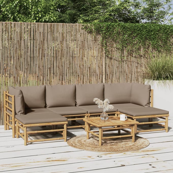 vidaXL - 7-delige - Loungeset - met - kussens - bamboe - taupe