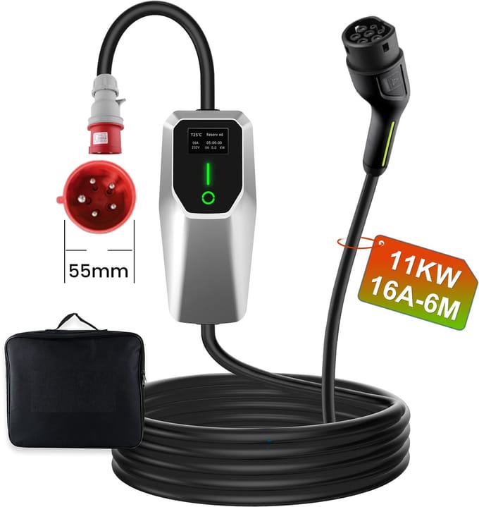 Hexinex - EV Mobiele Thuislader Laadkabel - Type 2 met 11 kW 16A 6 m - met LCD Display