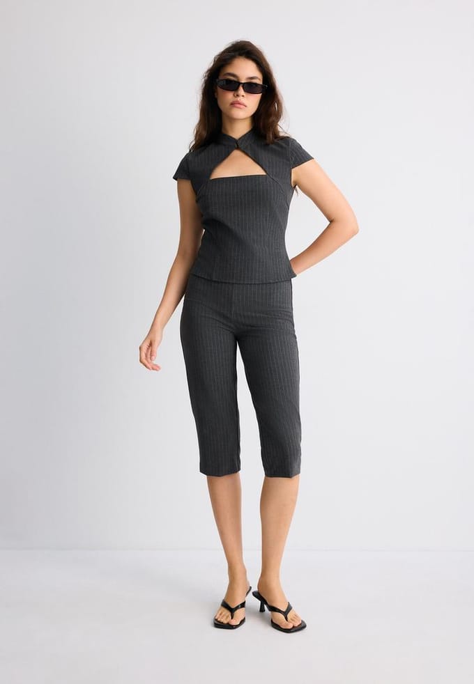 Stradivarius Gestreept overhemd met korte mouw en cut-out  Donkergrijs L
