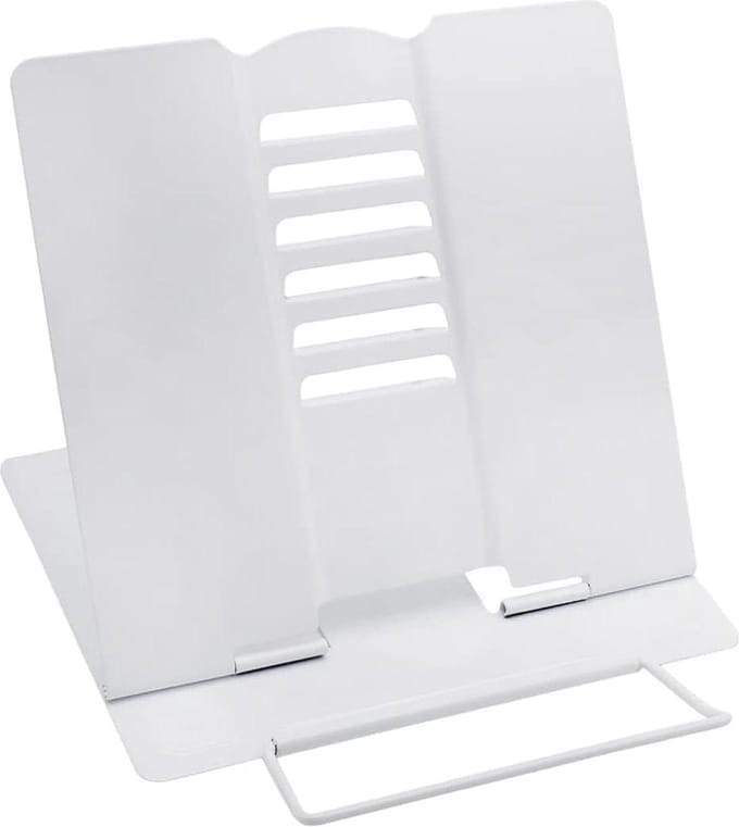 Bookends Reading Stand Cooking Book Holder - 6 Levels Adjustable Metal Foldable for Kitchen Study Office School (White)