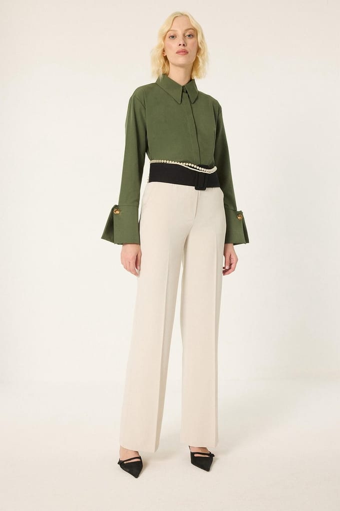 Touché Privé - Poplin blouse met brede manchetten - Khaki - Dames