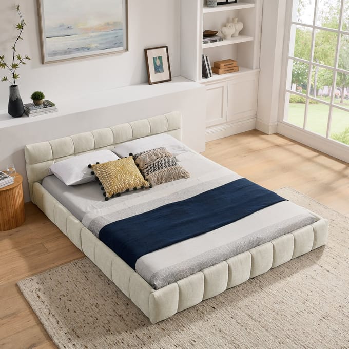 MODFU Tweepersoonsbed – 160x200 cm – Vierkante Stiknaden – Minimalistisch – Chenille – Beige