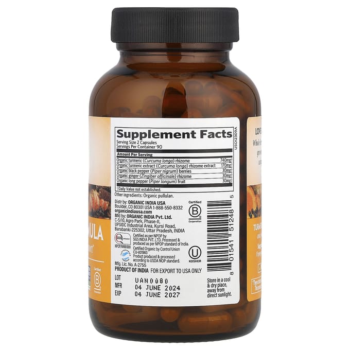 Organic India, Curcuma, Mobilité et soutien articulaires, 180 capsules végétariennes