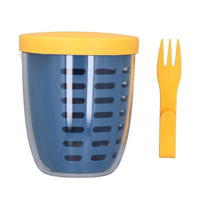 Fruit Afdruipbeker Plastic Draagbaar Lekvrij Vers Houden met Vork Fruit Bewaarbeker voor Salade Blue yellow