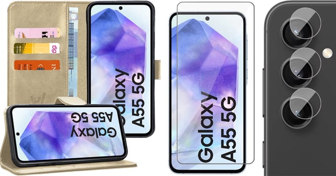 Hoesje geschikt voor Samsung Galaxy A55 - Screenprotector Glas & Camera - Portemonnee Book Case Goud