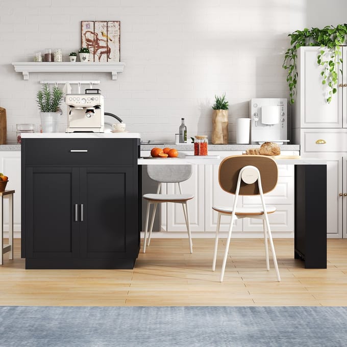 MODFU Keukeneiland - Uitschuifbare Eettafel En Opbergruimte - Modern - MDF - Zwart - 211 x 55 x 89,5 cm