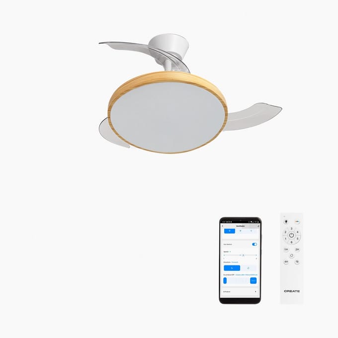 CREATE - Plafondventilator 40W stil met intrekbare bladen met licht - Ø91cm - Wit / Licht hout - WIFI + Afstandsbediening - WIND CLEAR STUDIO