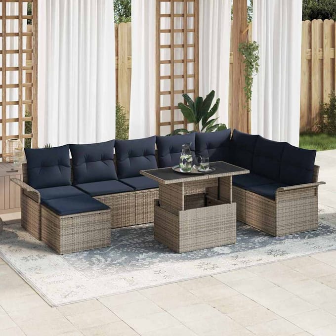 vidaXL - Tuinbank - Set - 9 - st - Grijs - [Synthetisch]: - Poly - Riet
