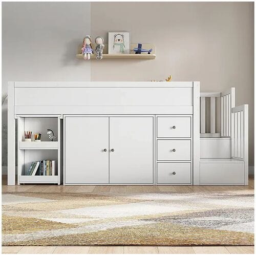 KOMHTOM Kinderstapelbed 90.200, met uitschuifbaar bureau, kledingkast, lades, trap, medium density vezelplaat, wit