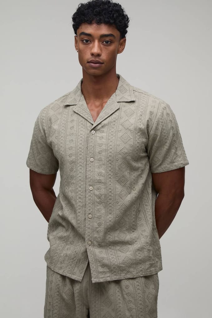 Cotton Embroidered Oversized Boxy Shirt & Extended Drawcord Baggy Trouser Set | Khaki | Size Medium