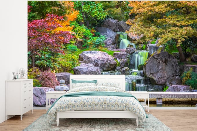Behang - Fotobehang Stenen - Water - Bomen - Japans - Botanisch - Breedte 295 cm x hoogte 220 cm