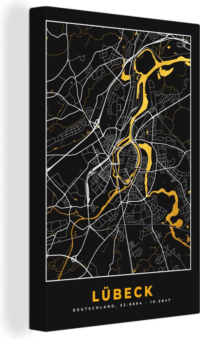 Canvas Schilderij Lübeck - Plattegrond - Goud - Stadskaart - Kaart - Duitsland - 60x90 cm - Wanddecoratie