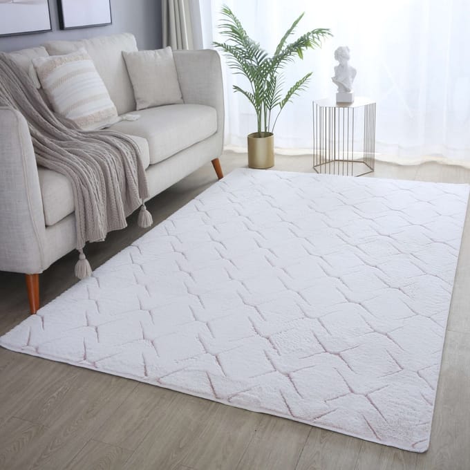 Flycarpets Nonia Hoogpolig Fluffy 3D Design Geruit Vloerkleed - Roze - 80x250 cm