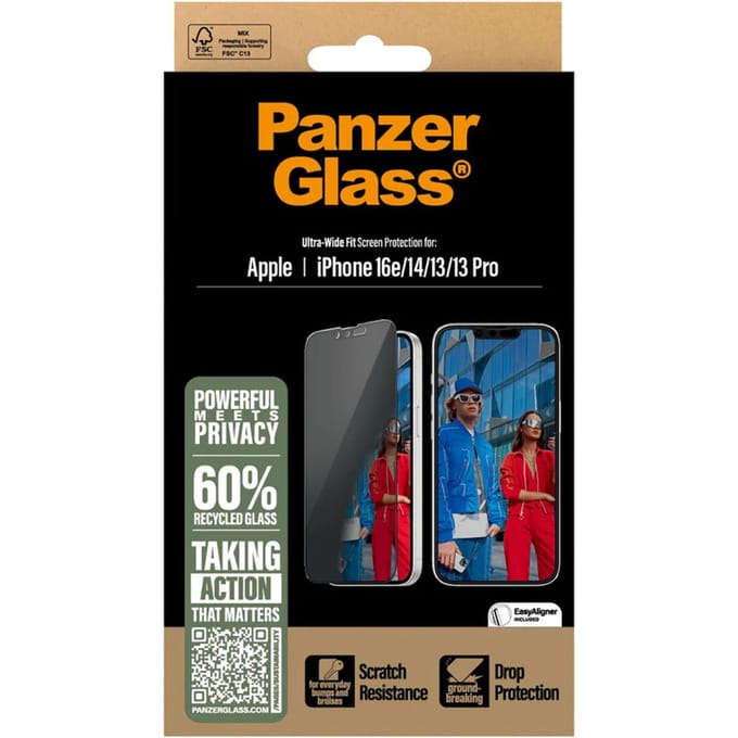 PanzerGlass Privacy Ultra-Wide Fit PGRPUWFG29845-PG Screenprotector (glas) met privacyfolie Apple iPhone 13., iPhone 13 Pro, iPhone 14., iPhone 16e 1 stuk(s)