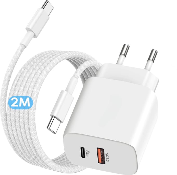 2-in-1 usb-C Power Adapter + usb-C naar usb-C Kabel - 2 Meter - Snellader usb-C + usb-A - 2 Poorten Oplader