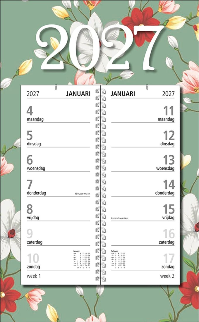 MGPcards - Omlegweekkalender 2027 - Week begint op maandag - 21 x 34 cm - Bloem - Groen