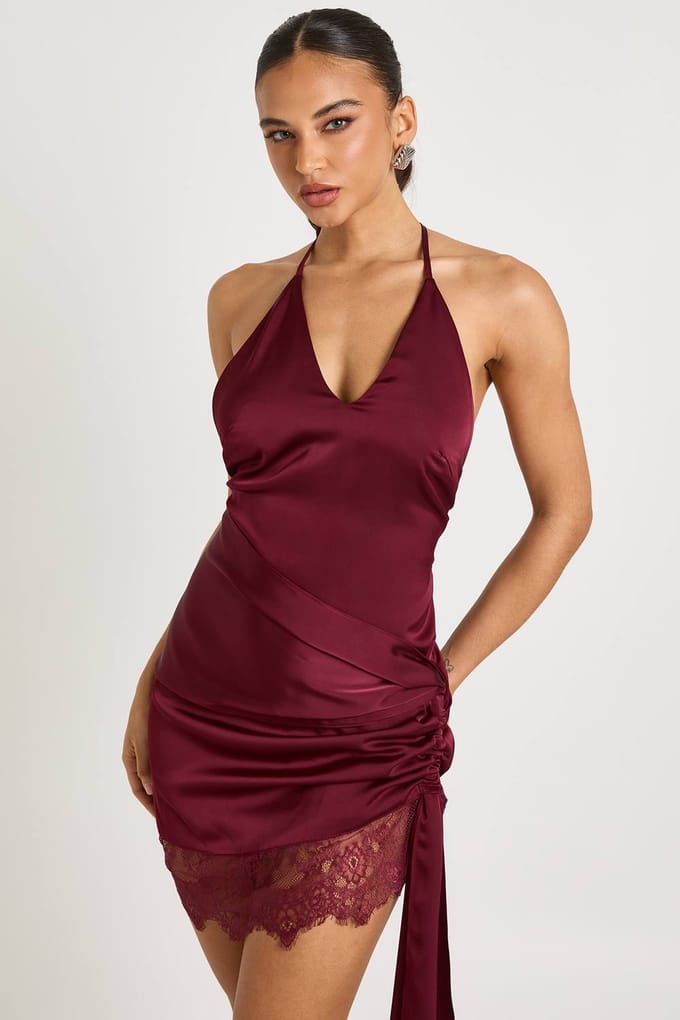 boohoo Dames Wikkeljurk met kant | Burgundy | Maat: 14