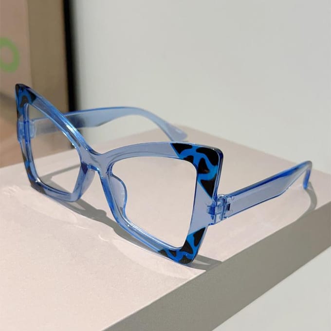 KAMMPT Vlinderbril Dames Mode Oversized Blauw Licht Blokkerend Optisch Montuur Trendy Patchwork Rand Bril transparent lenses