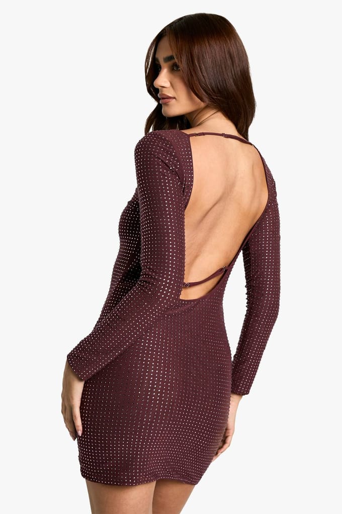 boohoo Dames Hot Fix Scoop Back Mini Jurk | Mauve | Maat: 36