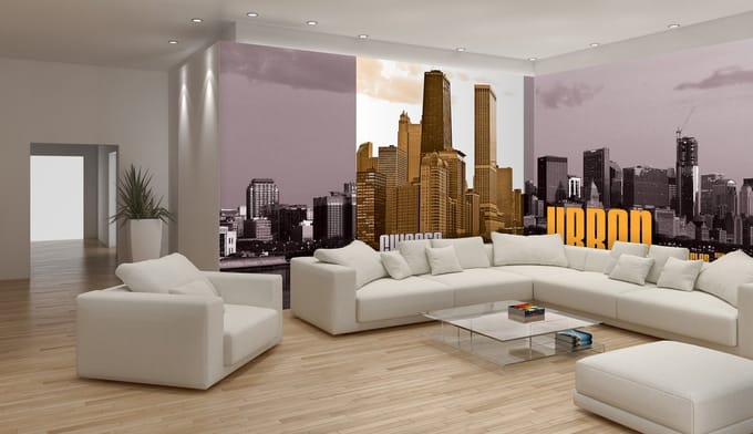 Fotobehang Vlies Skyline | Geel, Grijs | GROOT 832x254cm