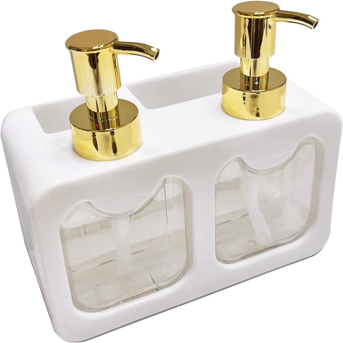 Handzeep en Afwasmiddel Dispenser met Spons Caddy en Borstelhouder - Keuken Organizer (Wit) voor Efficiëntie en Netheid