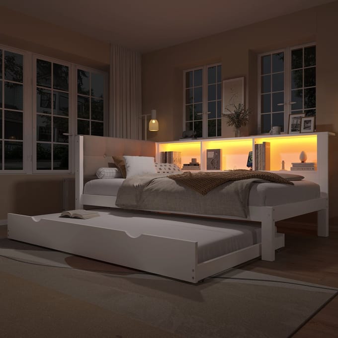 Slaapbank 90x200 cm - Met Uitschuifbed En LED Lichtstrip - Usb Aansluiting - Hout - Wit
