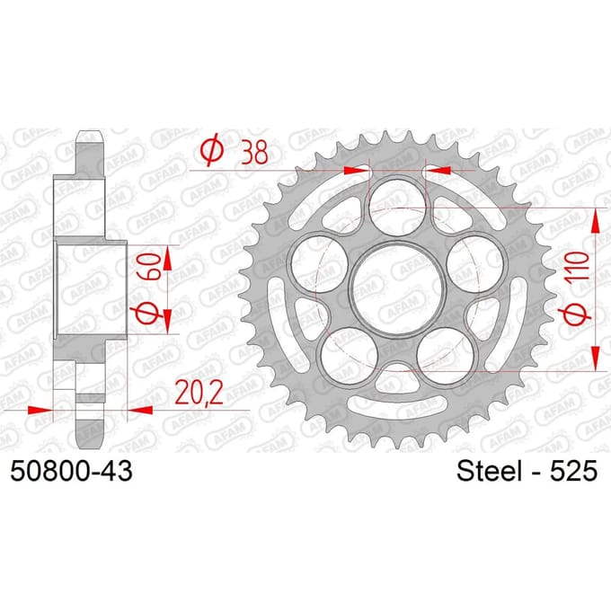 Stalen motortandwiel achteraan Afam 525 43 dents