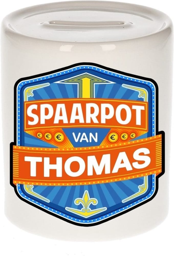 Bellatio Decorations Kinder spaarpot met naam - Thomas - keramiek - met dop - wit - Sparen - Spaargeld van Thomas