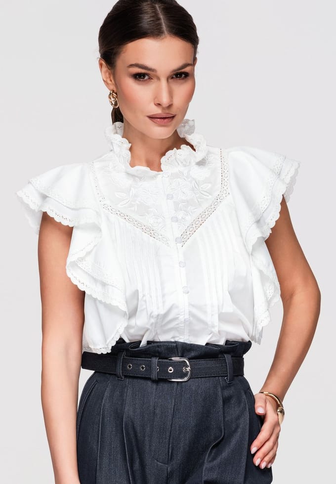 OMBRE Overhemd - Loose Fit - Korte Mouw - Knopen Wit M/L