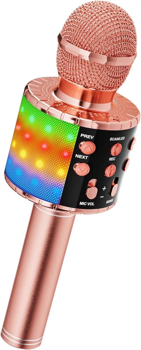 Draadloze karaoke-microfoon met Bluetooth, 4-in-1 karaoke-speler voor kinderen, draagbare karaoke machine met ledlampjes