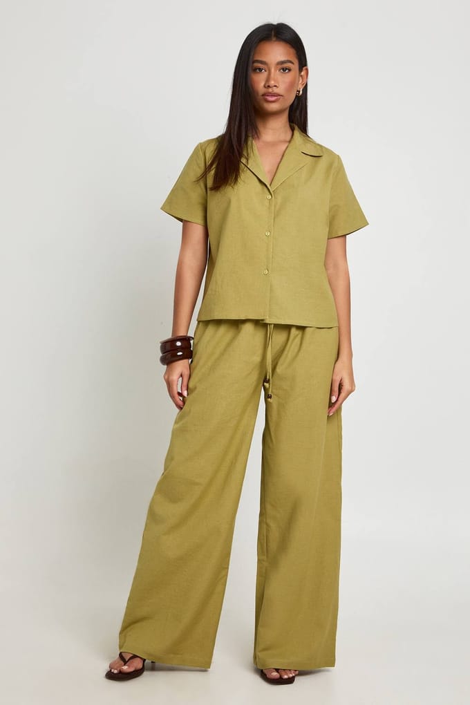 boohoo Dames Linnen-look Overhemd Met Korte Mouwen | Pistache | Maat: 34