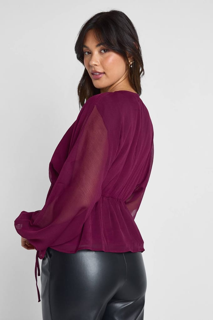 boohoo Dames Chiffon blouse met strik aan de voorkant en volume | Wine | Maat: 10