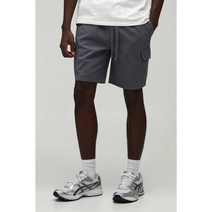 Essentiële Relaxed Fit Elastische Twill Cargo Shorts Met Middellange Lengte | Grey | Size Medium