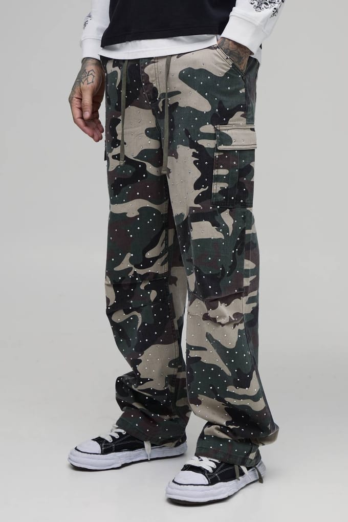Lange Relaxed Cargo Broek Met Camouflage En Strass | Size 32