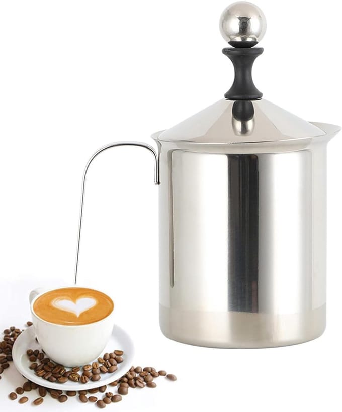 RVS Dubbele Melkschuimer met Handmatige Strainer voor Perfecte Melkschuim en Koffiecreaties