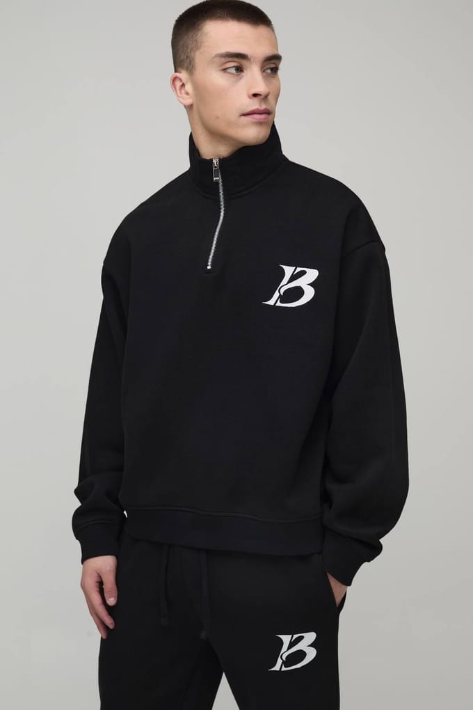 Oversized Boxy B 1/4 ritssluiting gestapeld trainingspak | Black | Size XL