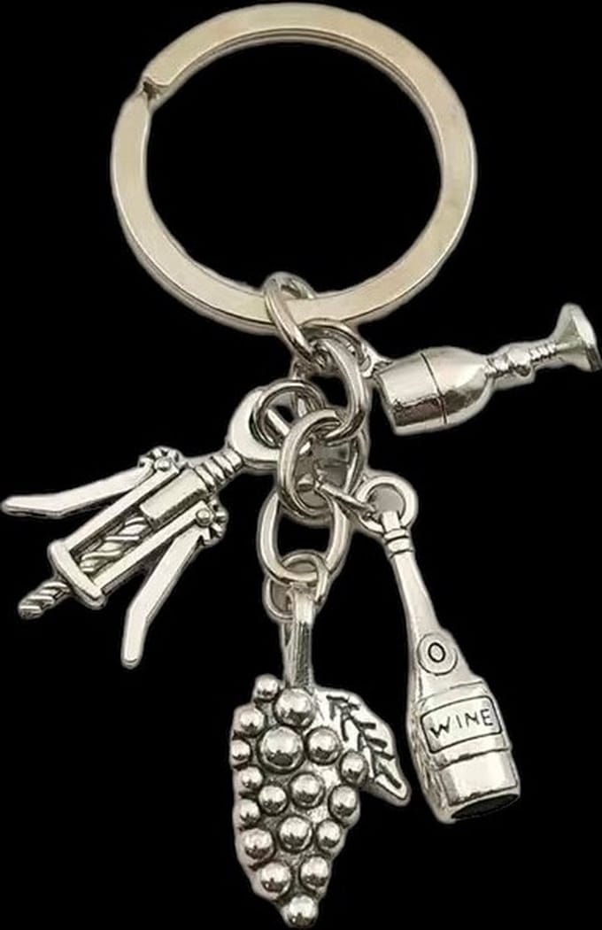 Sleutelhanger Wijnfles/Druif/Opener/Glas ( Zilverkleurig) 3.4 x 3.2 cm