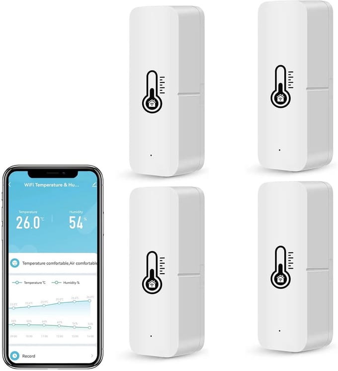 Wifi Binnen Thermometer en Hygrometer Set (4 Stuks) - Temperatuur en Vochtigheid Sensor met App Meldingen