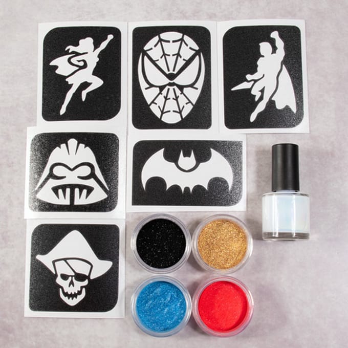 Grimas Sparkling Hero Set - Glitter Tattoo Set - Plastic Vrij - Sjablonen, Glitters & Body Glue