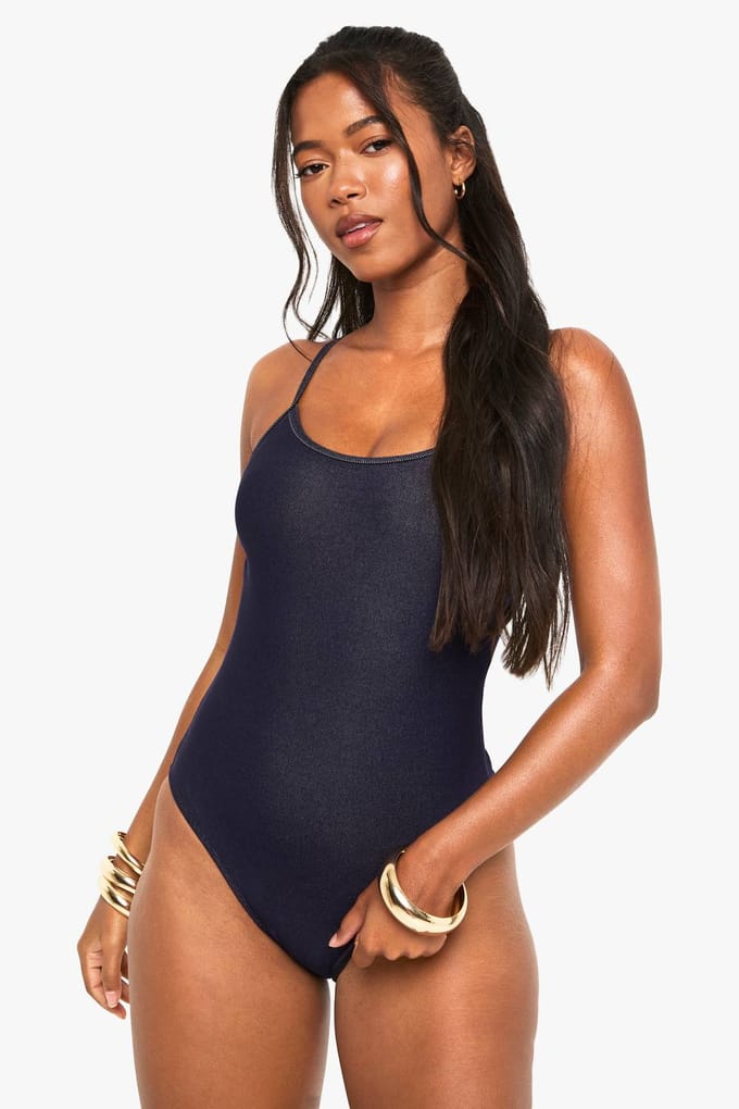 boohoo Dames Denim Look Square Neck Zwempak | Maat: 6