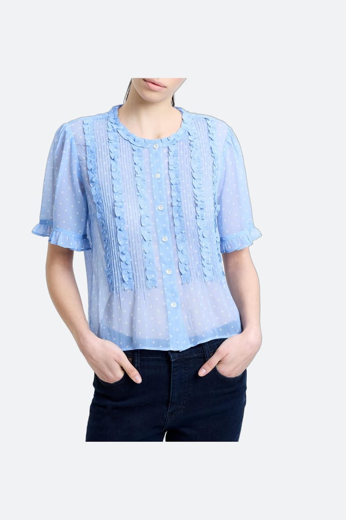 French Connection Polka S/s Ruffle Top Cornflower/wht Größe: 8 | Blusen Outlet | Damen