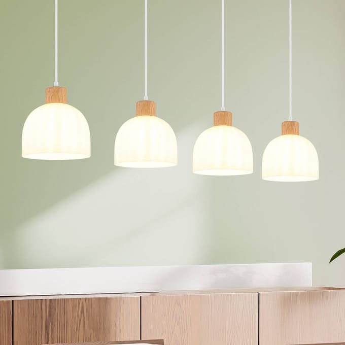 Globo Hanglamp Swanson, lengte 113 cm, wit/bruin, glas/hout, 4-lamps
