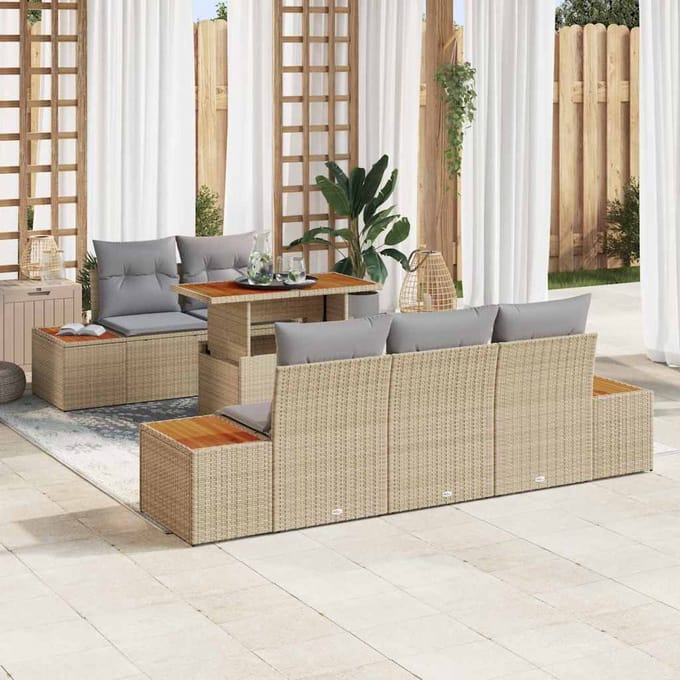 vidaXL Tuin Eettafel Set met kussen 6 pcs Beige en Grijs