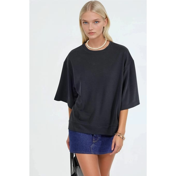 Oversized Geribbelde Cropped Blouse met Ronde Hals