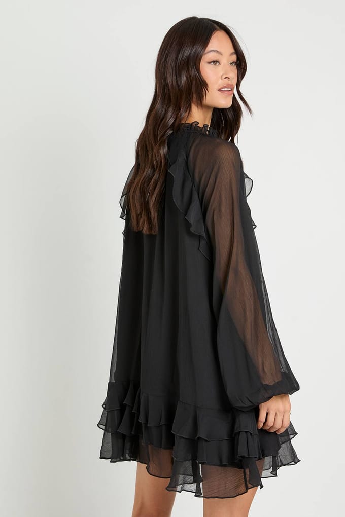 boohoo Dames Lange Chiffon Ruffle Smock Jurk | Black | Maat: 10