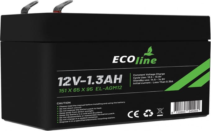 EcoLine - AGM 12V 1.3AH - 1300mAh VRLA Batterij - 151 x 65 x 95 - Deep Cycle Accu.